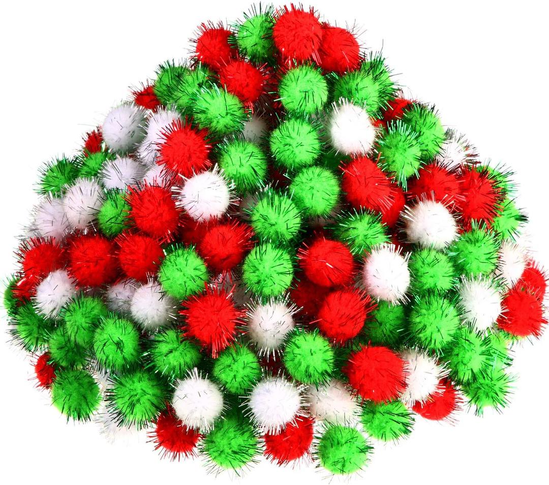 Shappy 1000 Pcs Christmas Pom Poms for Crafts Bulk 0.5 Inch Glitter Fuzzy Craft Pom Poms Crafts Balls for Hobby Supplies and Craft DIY Material Making Decorations(White, Fruit Green, Red)