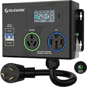 Smart Dryer Splitter for EV and Dryer, 240V Auto Power Switch for Dryer Outlet, 3-Color LED Ring, 3.4" LCD Display, No Rewiring Needed, NEMA 10-30 Plug, NEMA 10-30 & NEMA 14-50 Outlets (24 Amp)