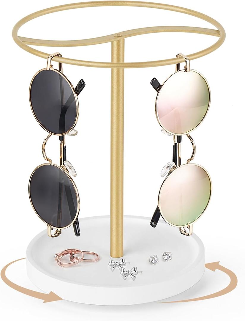 Mkono 360 Rotating Sunglasses Organizer Eyeglasses Holder Stand Metal Frame with Wood Base Tray Storage Display Rack for up to 12 Pairs of Eyewear for Table Dresser Desk Bedroom