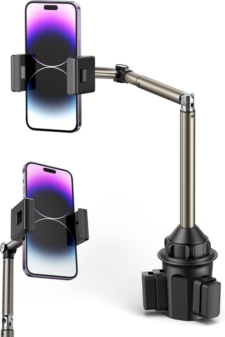 JSAUX Car Cup Holder Cellphone Mount, Metal Long-Arm Ultra Stable Phone Holder for Car Cupholders - Adjustable for iPhone 16 15 Pro Max 13 12 11, Samsung Galaxy S24 S23 Ultra, Google Pixel 9 Pro (ClipMount)