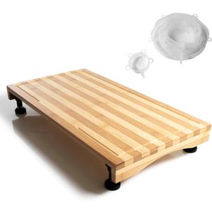 Ceaz Bamboo Cutting Board with Adjustable Legs - Raised Stovetop Cover, Wood Chopping Butcher Block with Juice Grooves for Kitchen, RV, Camper - Complete with Silicone Food Covers
