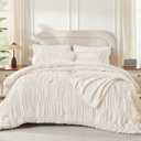 Andency Ruched Beige Queen Comforter Set, Shabby Chic Pleated Bedding Sets 3 Pieces, Lightweight Soft Boho Ruffle Bed Set for Girls, Kids, Women, All Season