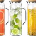 3 Sets Glass Pitcher with Lid, 50 oz / 1500 ml Water Carafe with Handles Hot Cold Beverage Water Jar Glass Jug (Bamboo lid)