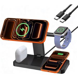 4 in 1 Wireless Charging Station, 15W Fast Wireless Charger for Mag-Safe Magnetic Charging Stand for iPhone 17 Pro Max/17 Air/16 Pro/16 Plus/15/14/13/12 mini,AirPods Pro,Apple Watch Series,Black