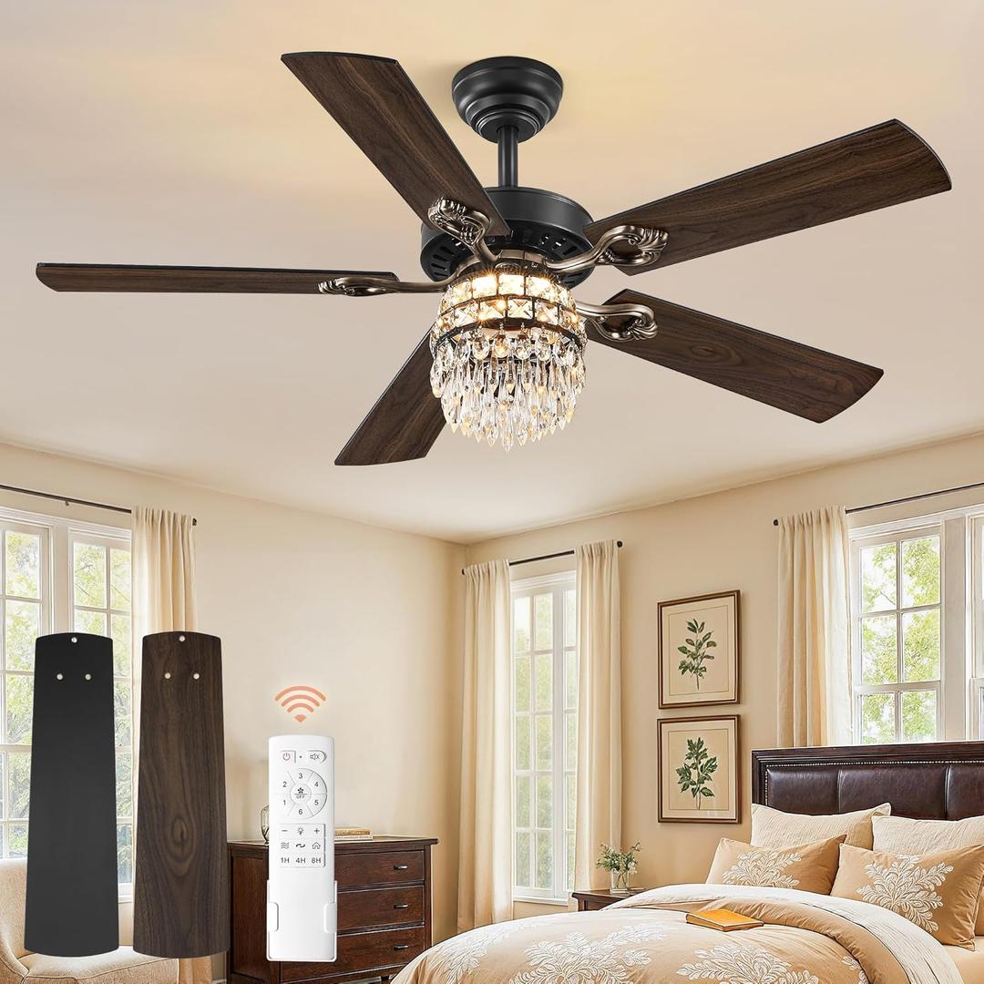 Fanbulous 48 Inch Crystal Chandelier Fan with 22w LED, Fandelier Ceiling Fan with Light, Dimmable, 3CCT, 6-Speeds, Quiet DC Motor, Ceiling Fan Chandeliers, Modern Ceiling Fans for Bedroom, Living Room