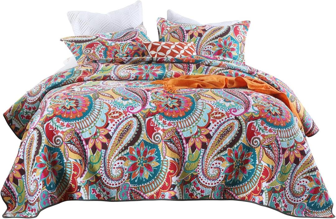 Qucover Cotton Quilt Set, Queen Size, Multicolor Paisley, Boho Style, Soft Lightweight Coverlet with 2 Pillow Shams, 90x98 Inches