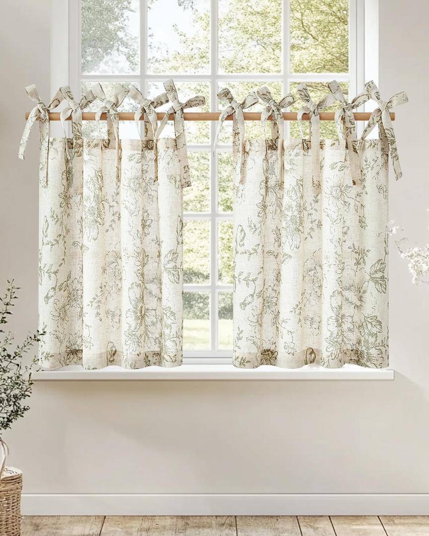 jinchan Floral Linen Tier Curtains 24 Inch Farmhouse Cafe Curtains Tie Top Botanic Drapes for Small Windows Over Sink for Kitchen Country Rustic Laundry Room Bathroom RV 2 Panels Green on Beige
