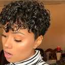 Short Curly Pixie Cut Wigs with Bangs Human Hair for Black Women Non Lace Full Machine Made Rose Net Cap Human Hair Pixie Wig Brazilian Virgin Glueless Bob Wig Human Hair Short Layered Wigs For Women