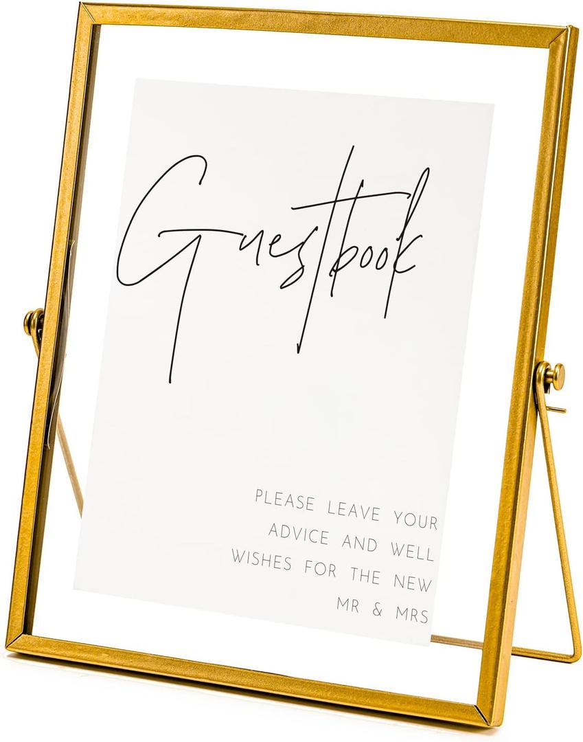 Calculs Gold Floating Picture Frames Sign Holder Guestbook Alternative, Metal Glass Photo Display Stand Menu Holder 8x10inches for Wedding Party Table Sign