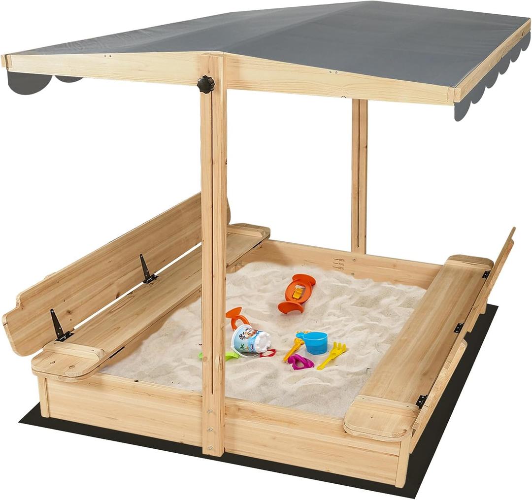 Wooden Sandbox with Lid & Canopy Cover, 48x48 Large Outdoor Sand Box for Kids Ages 4-8, with Foldable Bench Seats, UV-Resistant & Adjustable Height Roof & Bottom Liner