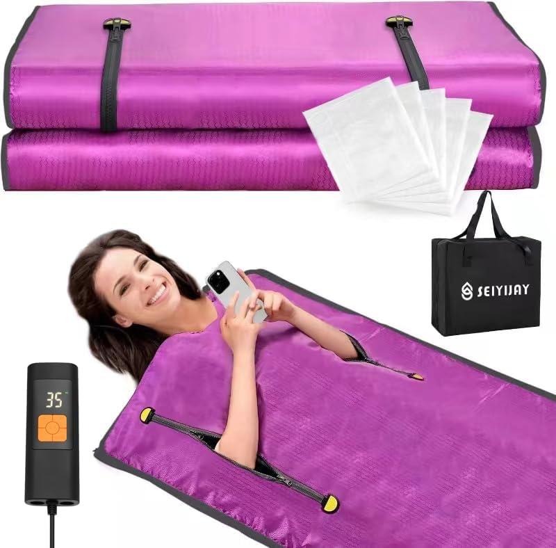 Infrared Sauna Blanket, Upgraded Blanket for Detox, Home Sauna with Remote, Including 5 Pieces Plastic Sheeting for Body Wrap (Purple)