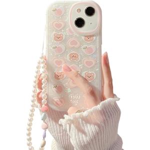 Fycyko Compatible with iPhone 13 Case Cover Cute Women,Bear Love Heart Pattern with Pearl Strap Bracelet Chain Sparkly Phone Case Camera Protect