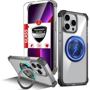 for iPhone 13 Pro Max Case Magnetic Compatible with MagSafe Wireless Charging,with 2 Screen Protectors,Built-in Kickstand Ring,Military Grade Drop Heavy Duty Protection Shockproof Phone Black