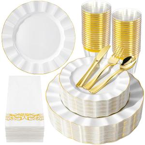 175PCS Gold and White Plastic Dinnerware Set, Plastic Party Plates for 25 Guests, 50 Disposable Plates, 25 Heavy Duty Silverware, 25 Cups, 25 Napkins for Party and Wedding