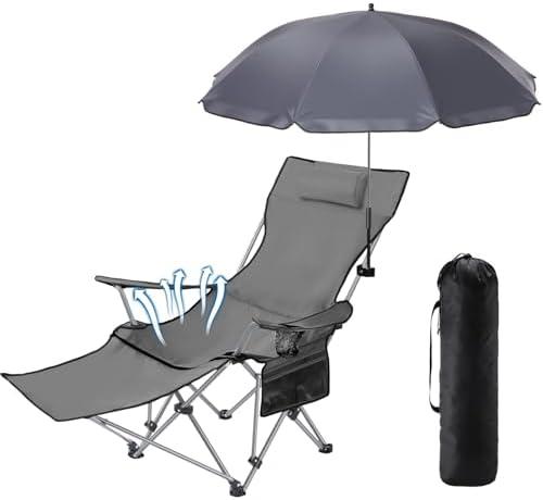 2 Pack Karenhi Beach Camping Chair with Umbrella for Adult Folding Reclining Camping Chair with Foot Rest Adjustable Clamp Canopy Shade for Outdoor Patio Beach Travel(Black)