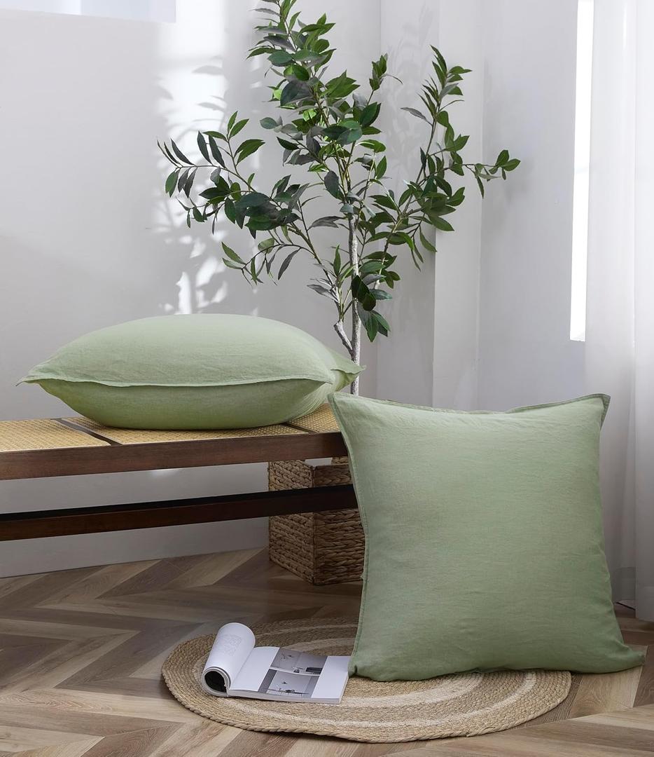 100% French Linen Euro Shams 26x26 Inches Square Pillow Cover Pillow Cases Pack of 2 with Envelope Closure, Stone Washed Soft Durable Breathable(Sage Green, 26''x26'')