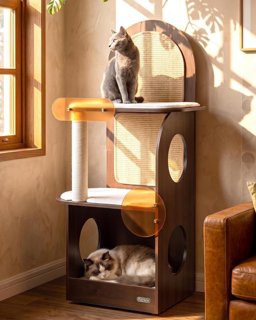 47" Wood Cat Tree, Modern Cat Tower for Large Cats, Wide Stable Base