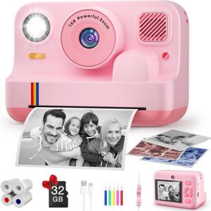 Instant Print Camera for Kids, App Printing, 1080P Video, Dual-Lens Selfie Digital Camera with 32G SD, Christmas Birthday Gifts for Girls Boys 4 5 6 7 8 9 10 11 12 Year Old, Portable Toddler Toy (Pink)