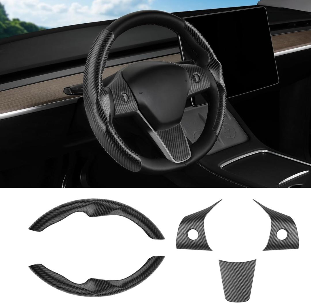 Steering Wheel Cover for Tesla Model 3/ Model Y Carbon Fiber Steering Wheel Wrap Kit Anti-Slip Steering Wheel Trim Protector Sticker Decoration Interior Accessories Black 5PCS