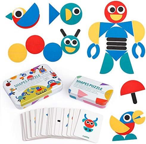 Coogam Wooden Pattern Blocks - Tangram Shape Puzzle Set Color Sorting Stacking Game Wood Animal Jigsaw Preschool Montessori Brain Teaser STEM Gift for 3 4 5 Years Old Toddler Kids (60 Pattern Cards)