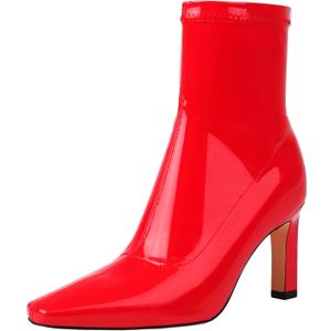 Mofirdast Women's Mid Calf Boots Comfy Square Closed Toe Stiletto High Heel Boot Zipper Short Ankle Booties (6.5, Red)