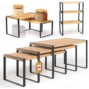 Ibyx Premium Kitchen Cabinet Organizer Shelf - Set of 3 Kitchen Counter Shelves - Stackable Shelf Racks for Cabinets - Metal Frame & Engineered Wood (Natural Wood, Black Frame)