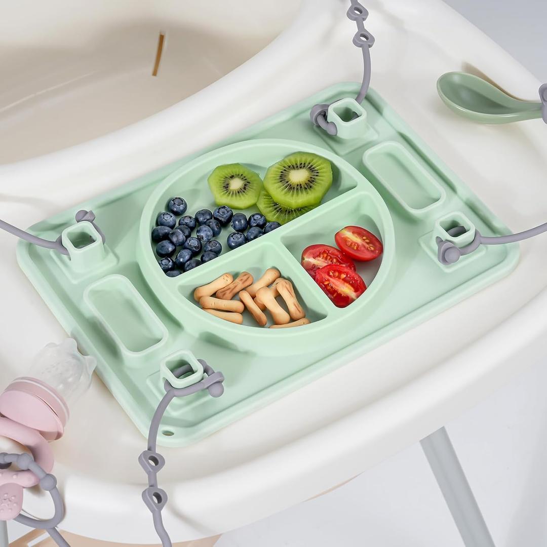 Strong Suction Baby Placemat, STARTURFLYU Silicone Toddler Plate with 4 Toy Straps & Anti-Peel Design, Dishwasher Safe Travel-Friendly Sensory Mat for High Chair, Airplane, Baby Led Weaning (Green)