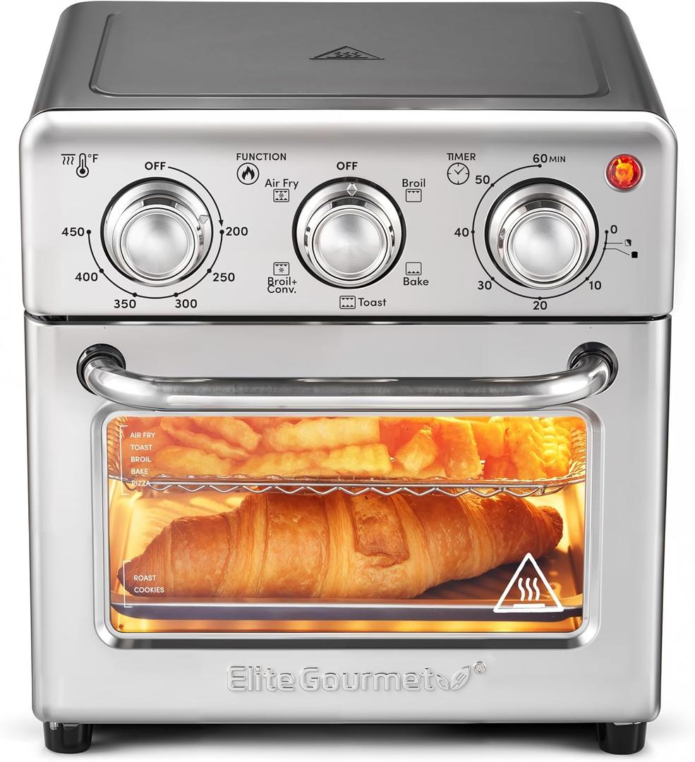 Elite Gourmet Compact 8.5Qt Air Fryer Oven Mini Countertop Air Fryer with Adjustable Time & Temperature Controls, 800W, Includes Air Fry Basket, Bake Pan & Recipes, Stainless Steel, 8.5 Quart