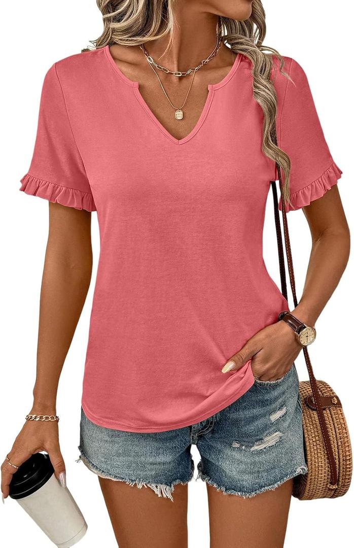 TICTICMIMI Women's V Neck Ruffle Short Sleeve Tops Summer Casual T Shirts (Blue)