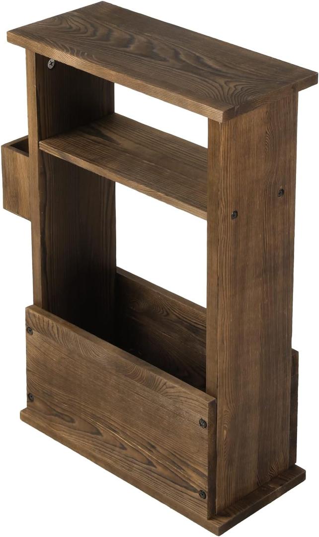 MyGift 24 Inch Tall Rustic Burnt Wood End Table with Remote Control Holder, Storage Shelf, and Magazine Rack, Wooden Narrow Living Room Couch Side Accent Furniture, Medium