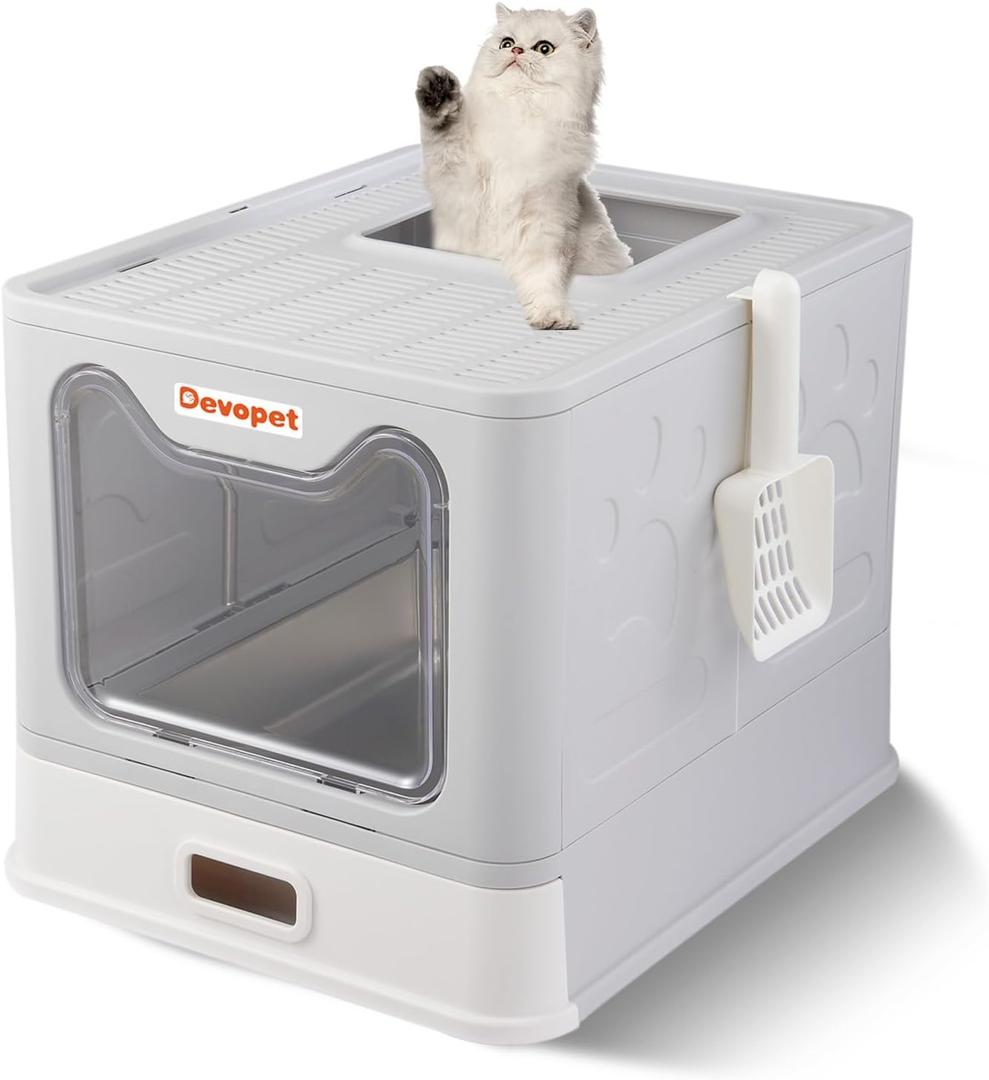 Enclosed Cat Litter Boxes, Stainless Steel Litter Box with Lid, Top Entry Cat Litter Box with Cover, Metal Kitty Litterbox with High Sided Enclosure, Foldable, Non-Stick, Easy Cleaning (Grey)