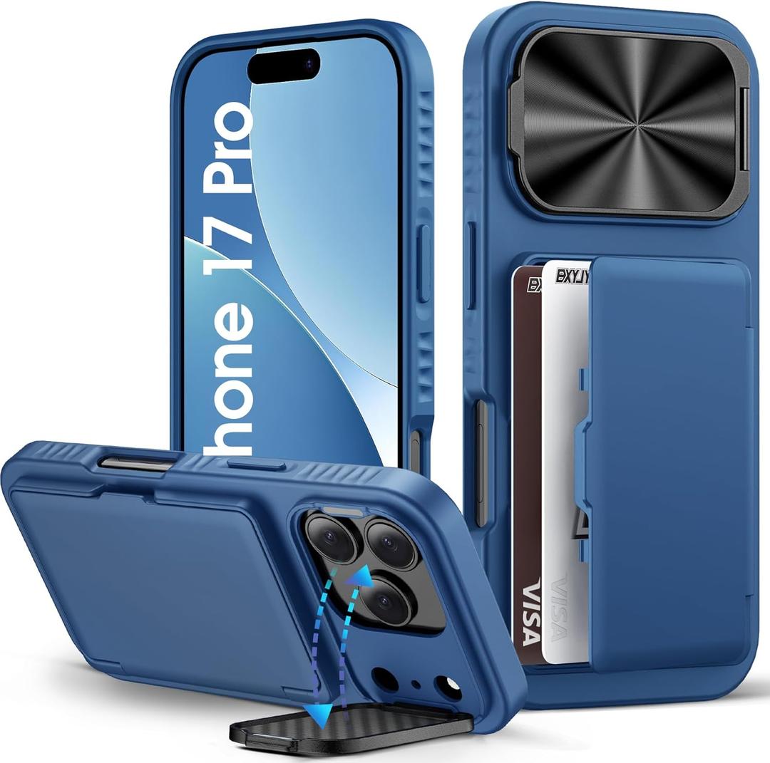 BXYJY for iPhone 17 Pro Case with Card Holder (3-5 Cards), Camera Cover Stand, Military Grade Protection, Shock Proof Heavy Duty Rugged Women Men Wallet Case for iPhone 17 Pro 6.3" 2025, Blue