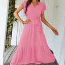 PRETTYGARDEN Women's Summer Floral Boho Maxi Dress Short Sleeve Wrap V Neck Ruffle Long Flowy Beach Wedding Guest Dresses (Pink, XXL)