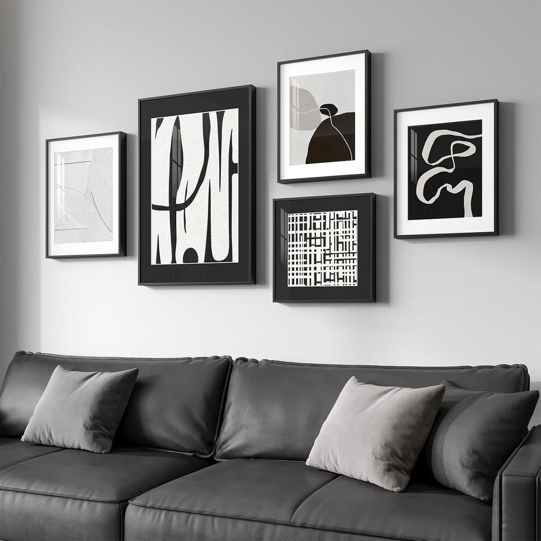 Framed Black and White Abstract Wall Art for Living Room, 5 Piece Modern Prints Paintings Artwork for Walls, Minimalist Black White Pictures for Hallway, Dining Room, Bedroom, Home Office Wall Decor