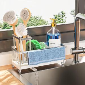 Cisily Sponge Holder for Kitchen Sink, Sink Caddy Organizer with High Brush Holder, Kitchen Countertop Organizers and Storage Essentials, Rustproof 304 Stainless Steel (Silver with Towel Rack, 9.25)