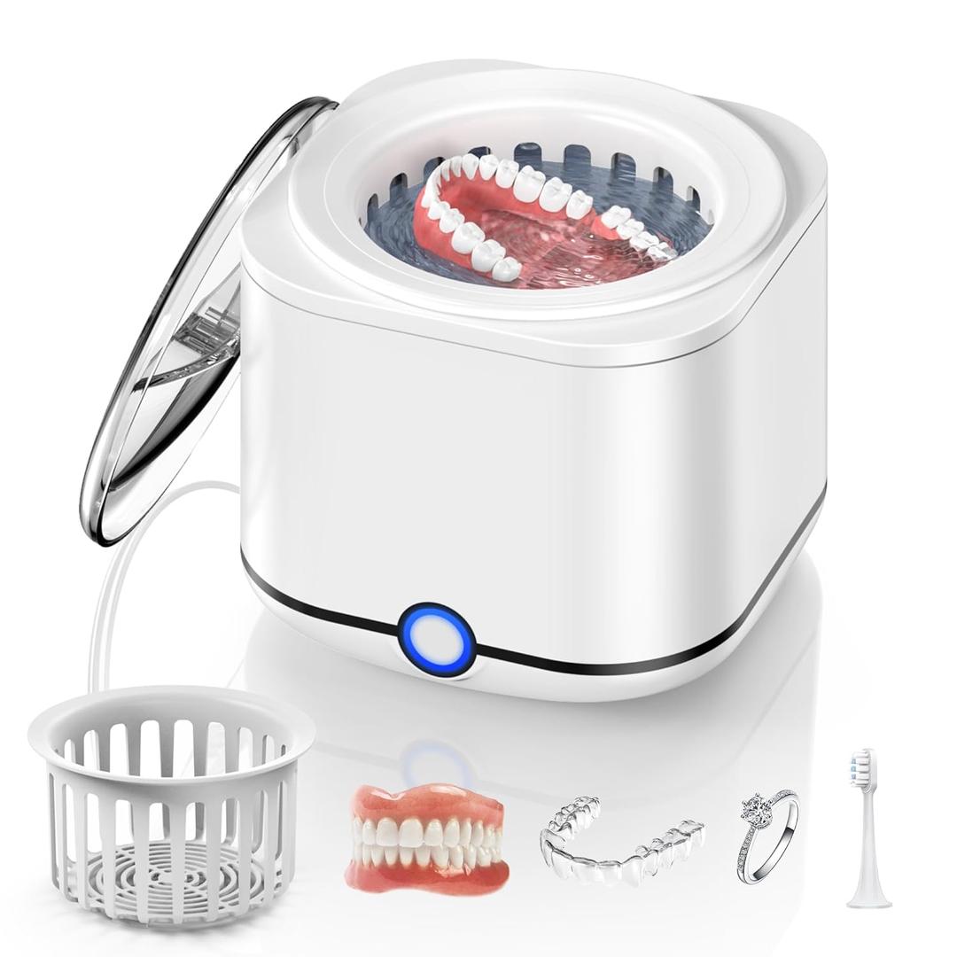 Miorcols Ultrasonic Retainer Cleaner, 48kHz Retainer Cleaner Machine for Dentures, Mouthguard, Braces, Night Guard, Toothbrush, Jewelry with 7.8OZ Dental Cleaning Pod-Cool White