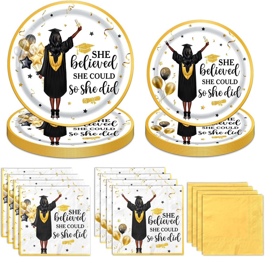 Graduation Plates and Napkins, She Believed She Could So She Did Graduation Decorations Black Gold Grad Dinnerware Set for 2026 College High School Congrats Grad Party Decorations, Serve 25