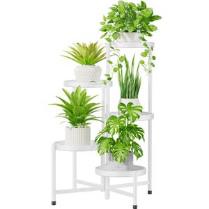 iDavosic.ly 5 Tier Metal Plant Stand Shelf for Indoor Outdoor, Rustproof Corner Flower Pot Holder Stand, Multi-tier Foldable Planter Rack Display Shelves for Patio Living Room Balcony Office (White)