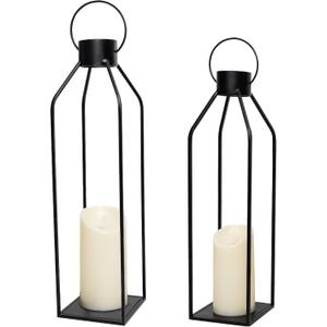 HPC Decor 22'' 19'' Lanterns Decorative w/ Flickering Timer Candles- Large Tall Black Metal Candle Lanterns Set of 2- Modern Farmhouse Decor for Indoor,Outdoor,Tabletop,Porch (No Glass)
