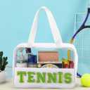 Sadnyy Tennis Gifts Cosmetic Makeup Bag with Chenille Letter Patch Clear Pouch PVC Waterproof Organizer Purse, Portable Tote Toiletry Storage Bag, Tennis Accessories for Sport Coach Women