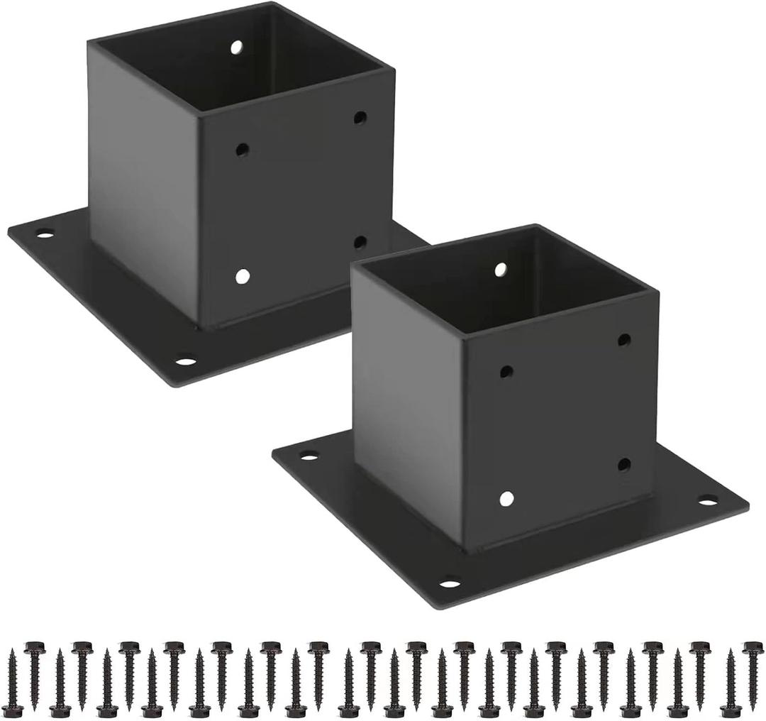 44 Post Base 2 Pcs,Deck Post Brackets,Inner Size 3.5"x3.5" Thick Steel Fence Post Anchor Base,Black Powder Coated Heavy Fence Post,for Supports Porch Railing Post Holders Pergola Brackets, 2Pack Post Base 4x4"