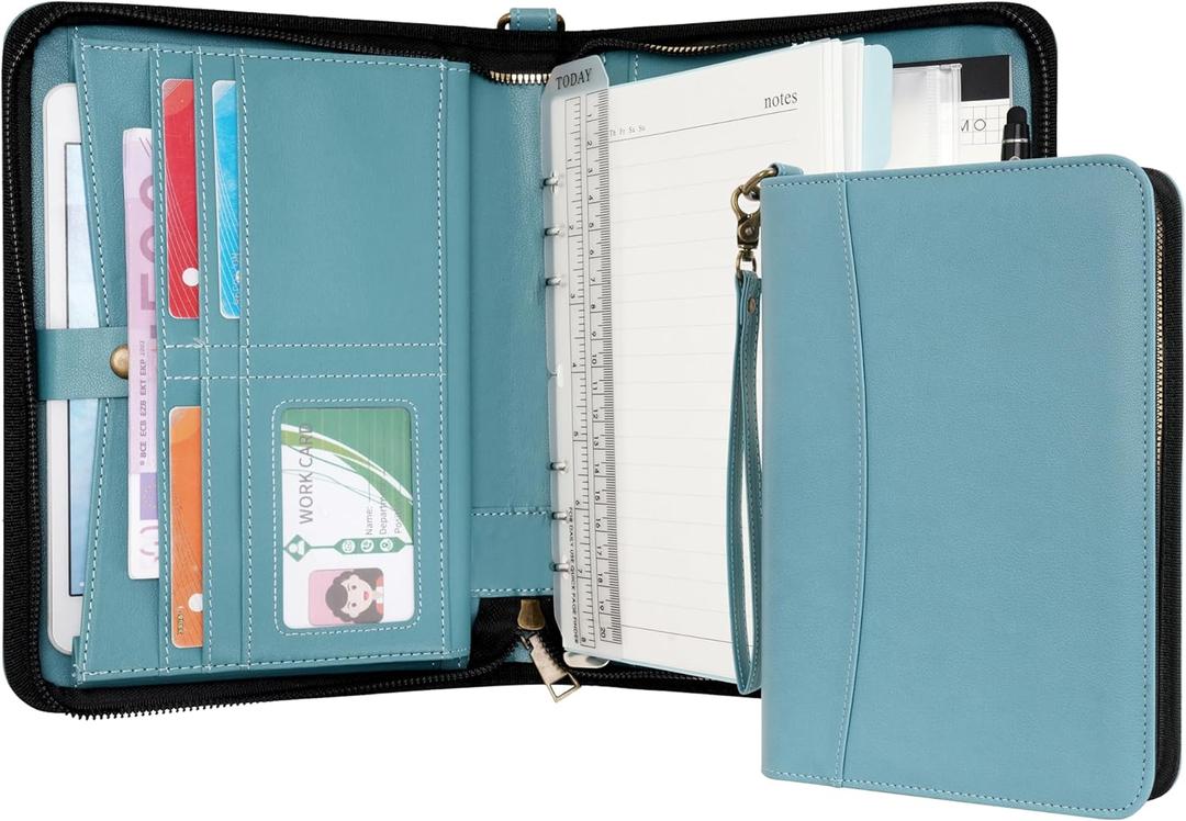 WASON Portfolio A5 Binder Journal with Zipper - Leather pu Writing Notebook Padfolio with Detachable Refillable Notebook, Legal Pad for Business Study and Travel Organizer (Cyan)
