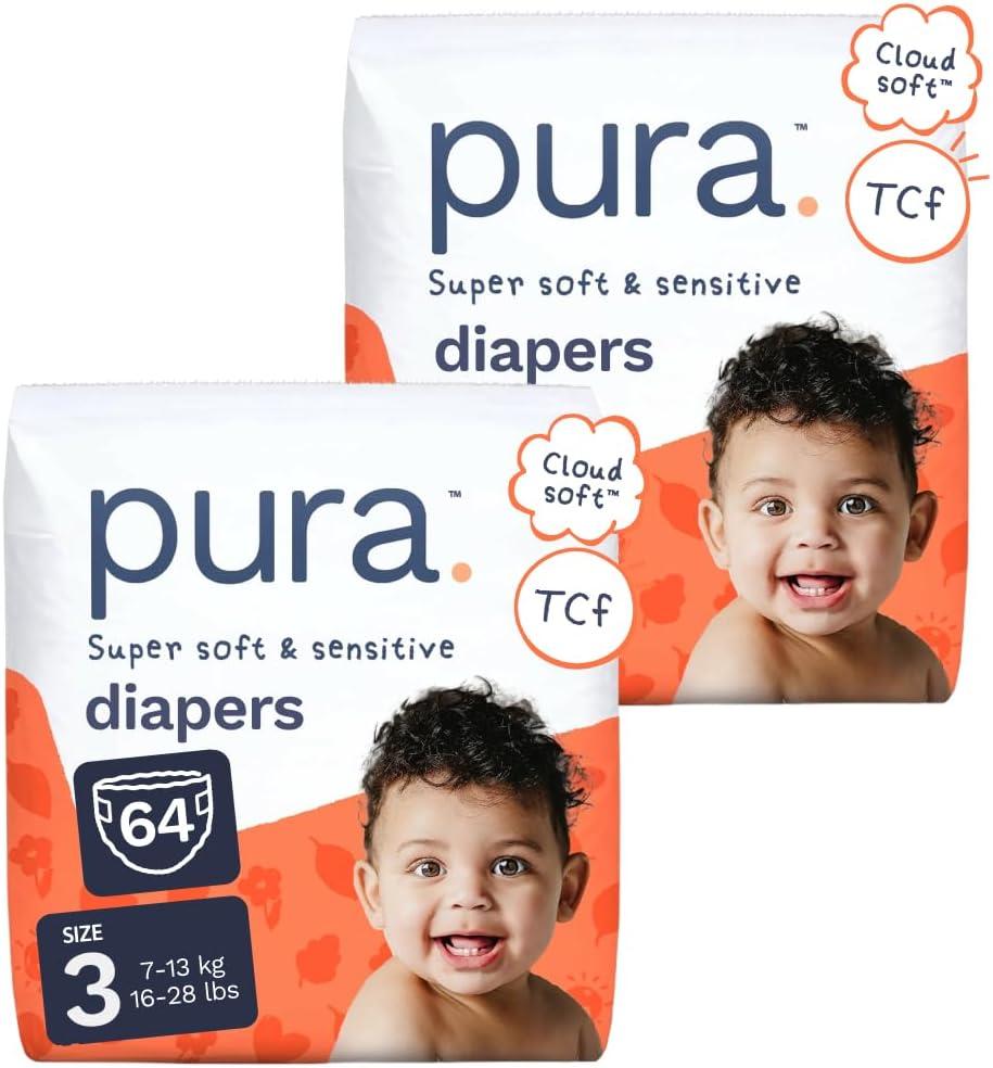 Pura Baby Diapers Size 3 (16-28 lbs) 64 Count Sensitive Skin | 12 Hour Leak Protection, New Blowout Blocker, Cloud Soft, Totally Chlorine Free*, Allergy UK Certified