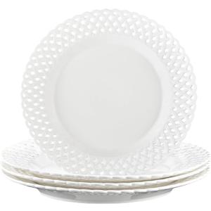 Large White Dinner Plates 12 inch, Ceramic Dinner Plates Set of 4, Basketweave Wide Rim Stackable Hotel Value Round Coupe Shape for Restaurant, Kitchen, Party, Home, Gifts, Microwave Dishwasher Safe