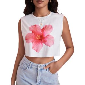 SweatyRocks Women's Floral Print Cropped Tank Top Crew Neck Sleeveless Y2K Summer Tops (White, XS)