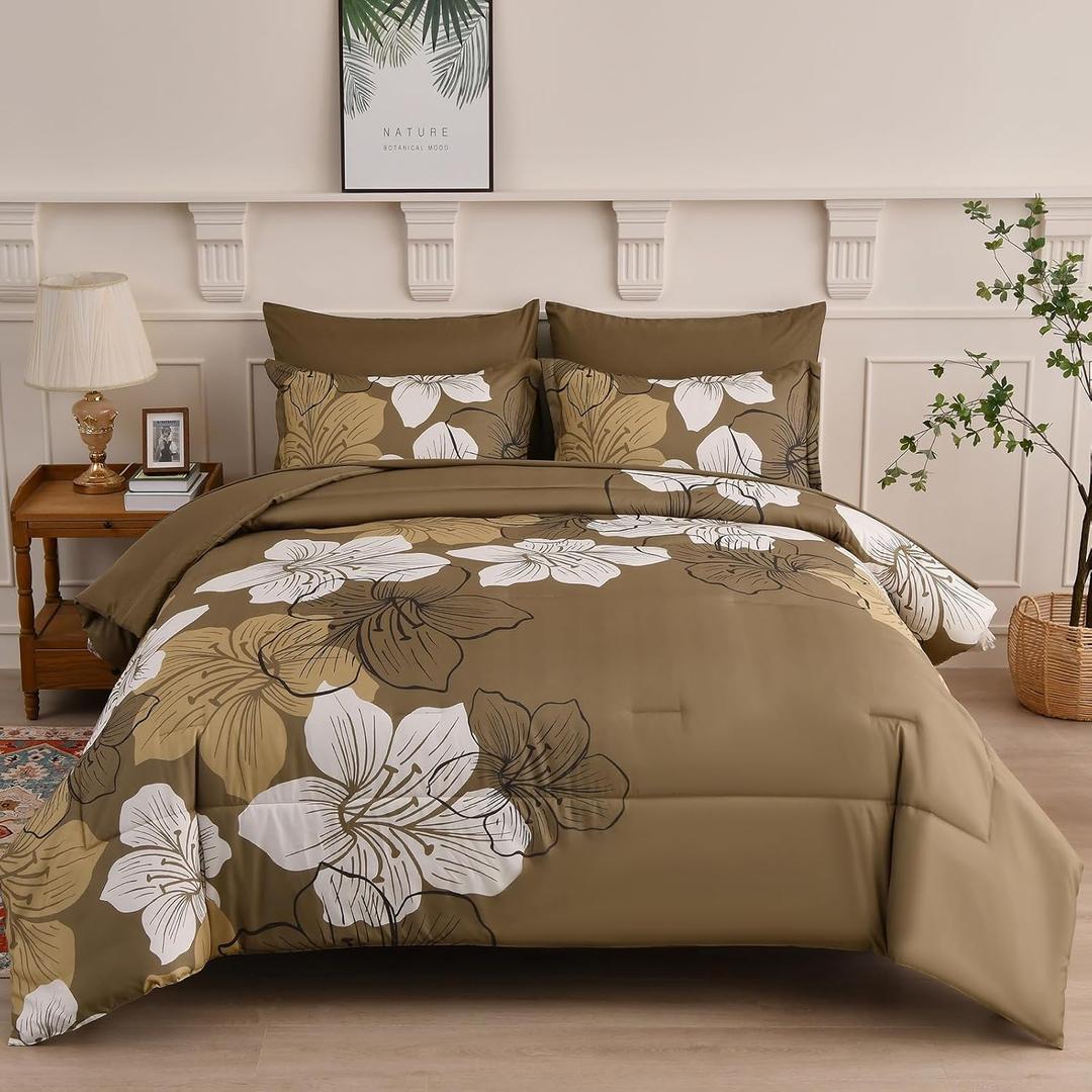 Luxudecor Floral Comforter Set Queen Size, 7 Pieces Bed in a Bag Brown Floral Comforter and Sheet Set, Soft Microfiber Complete Bedding Sets for All Seasons