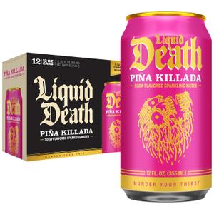 Liquid Death Soda-Flavored Sparkling Water - Pia Killada (Classic Pia Colada), Less Sugar*, Huge Flavor, No Caffeine, No Artificial Sweeteners, 12 Fl Oz (Pack of 12) (EXP 12/23/27)