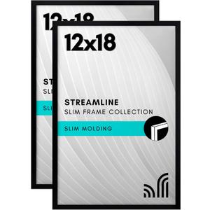 2 x Americanflat 12x18 Poster Frame with Polished Plexiglass - Set of 2 - Streamline Collection - Thin Border Photo Frame for Wall Display - Hanging Hardware Included - Black
