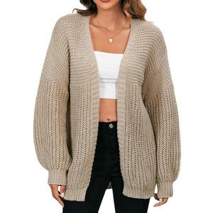 MakeMeChic Women's Chunky Knit Cardigan Open Front Casual Lantern Long Sleeve Sweaters