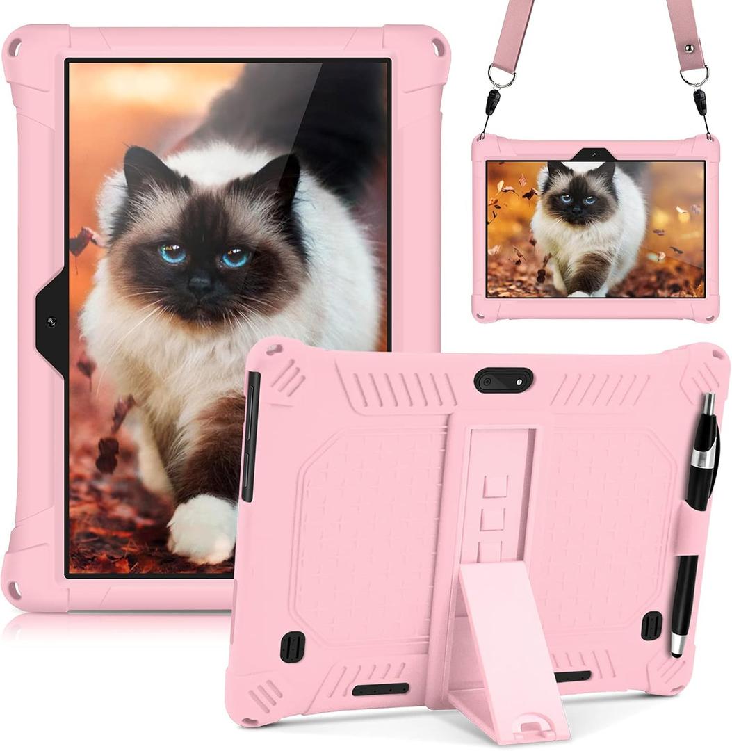 DETUOSI Case for YELLYOUTH 10.1 Tablet, Soft Silicone Lightweight Case Compatible with Dragon Touch Notepad K10, ZONKO 10.1, Beyond Tab 10.1, with Stylus Pen and Shoulder Strap, Light Pink